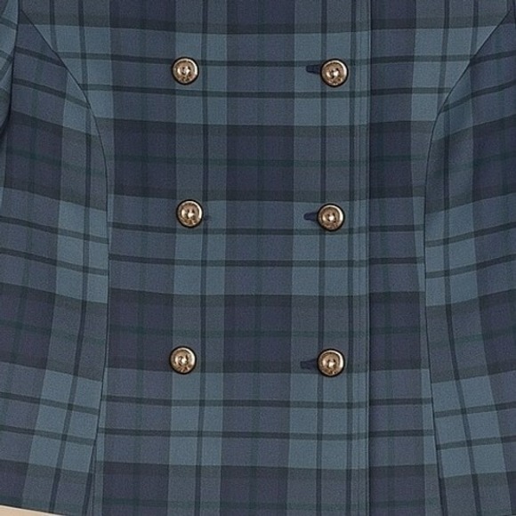 Carroll Reed Blazer Womens 14P Blue Plaid Wool Double Breasted Velvet Collar - Picture 4 of 9